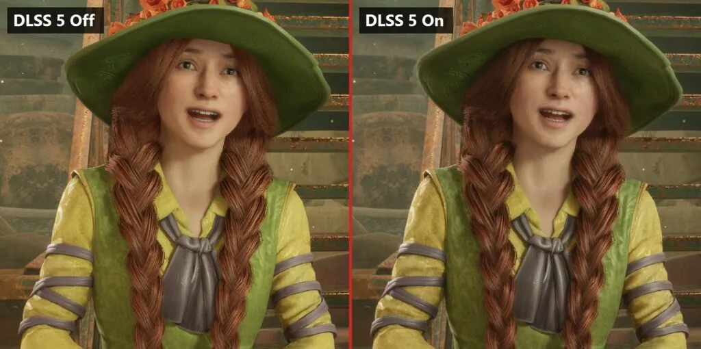Hogwarts Legacy character face with DLSS 5 off and on