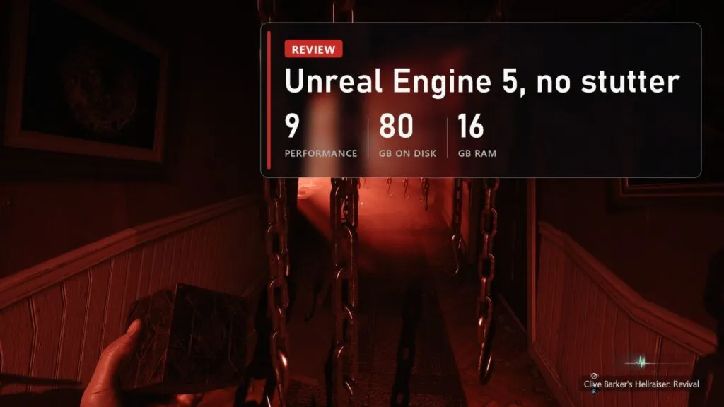 A corridor of hanging chains in red light in Clive Barker's Hellraiser: Revival with a plate: performance 9 out of 10, 80 GB on disk, 16 GB RAM recommended