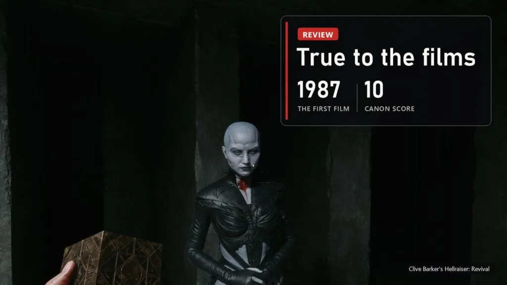A Cenobite in black leather and the Lament Configuration in the hero's hand in Clive Barker's Hellraiser: Revival with a plate: the first film in 1987, faithfulness to the films 10 out of 10