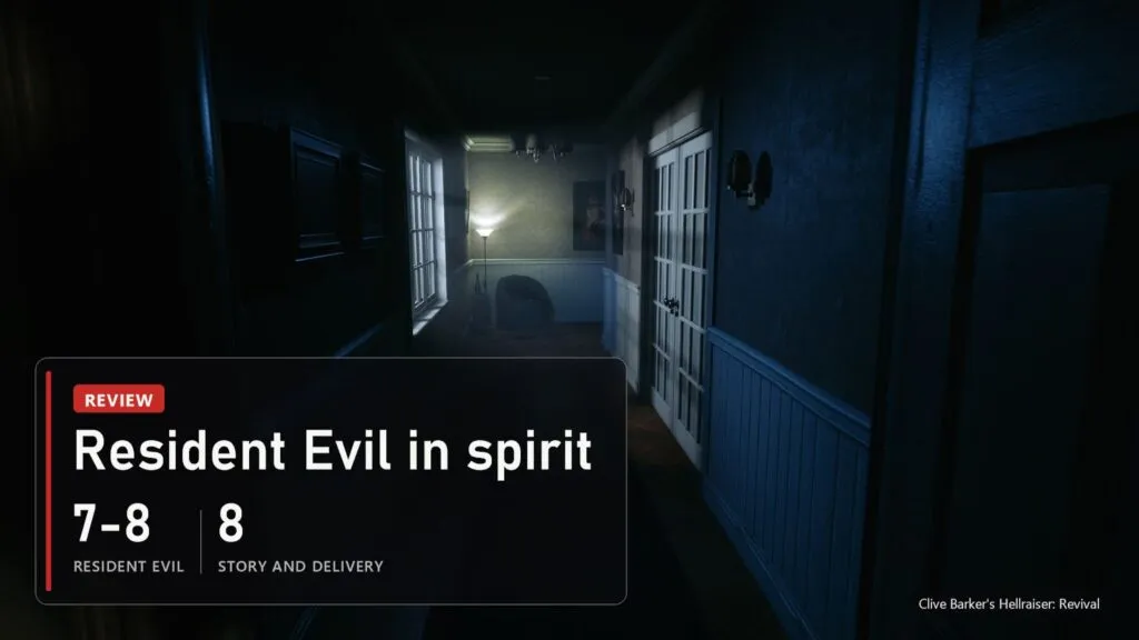 A dark apartment corridor with a door left ajar in Clive Barker's Hellraiser: Revival with a plate: Resident Evil 7 and 8 in spirit, story and delivery 8 out of 10