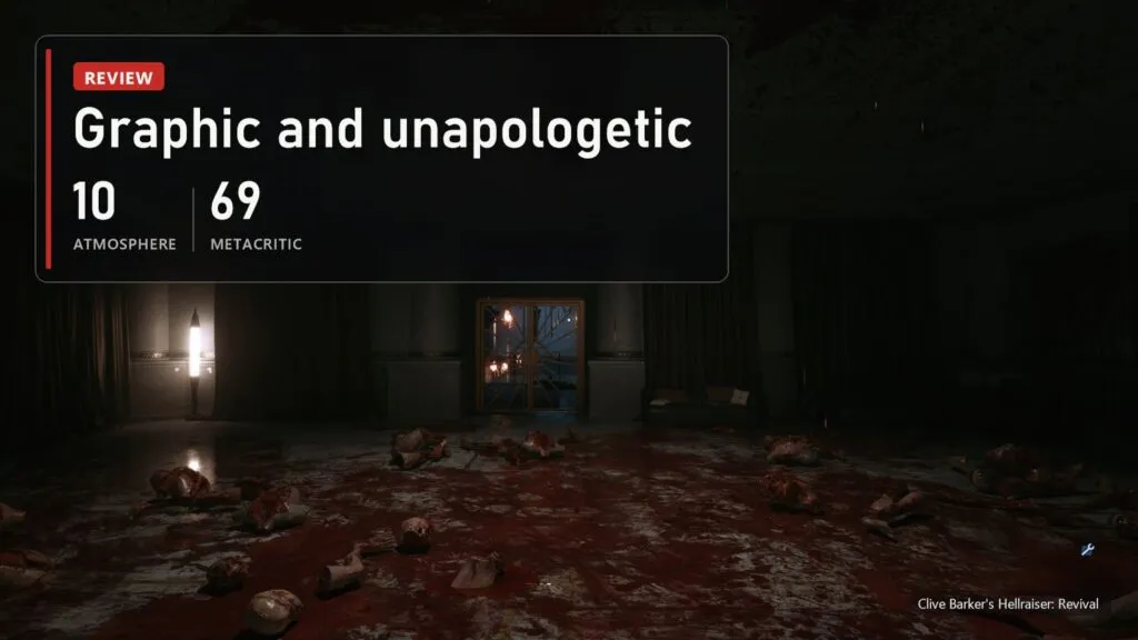 A blood-soaked hall with scattered remains in Clive Barker's Hellraiser: Revival with a plate: atmosphere 10 out of 10, Metacritic 69