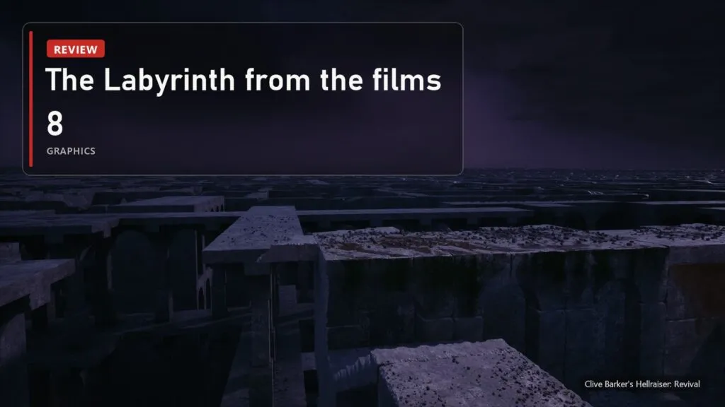 An endless stone Labyrinth under a purple sky in Clive Barker's Hellraiser: Revival with a plate: graphics 8 out of 10