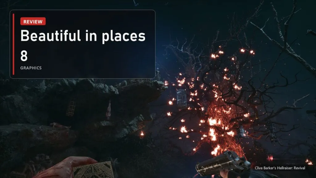 A burning tree in a night forest in Clive Barker's Hellraiser: Revival with a plate: graphics 8 out of 10