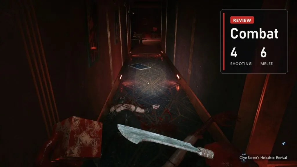 A blade in the hero's hand in a red corridor in Clive Barker's Hellraiser: Revival with a plate: shooting 4 out of 10, melee 6 out of 10