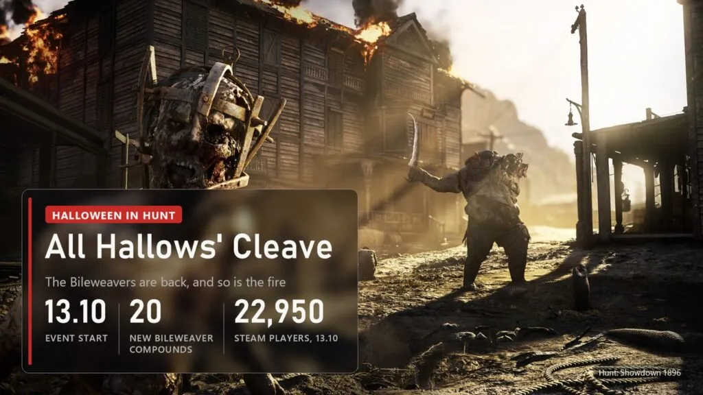Monsters in the street of a burning town in Hunt: Showdown 1896 with a plate about the All Hallows' Cleave event