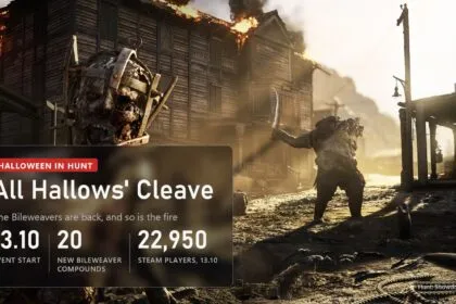 Monsters by a burning town in Hunt: Showdown 1896 with the All Hallows' Cleave Halloween event plate