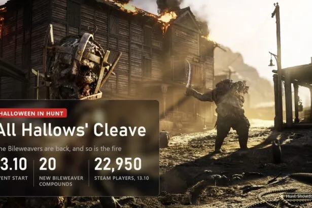 Monsters by a burning town in Hunt: Showdown 1896 with the All Hallows' Cleave Halloween event plate