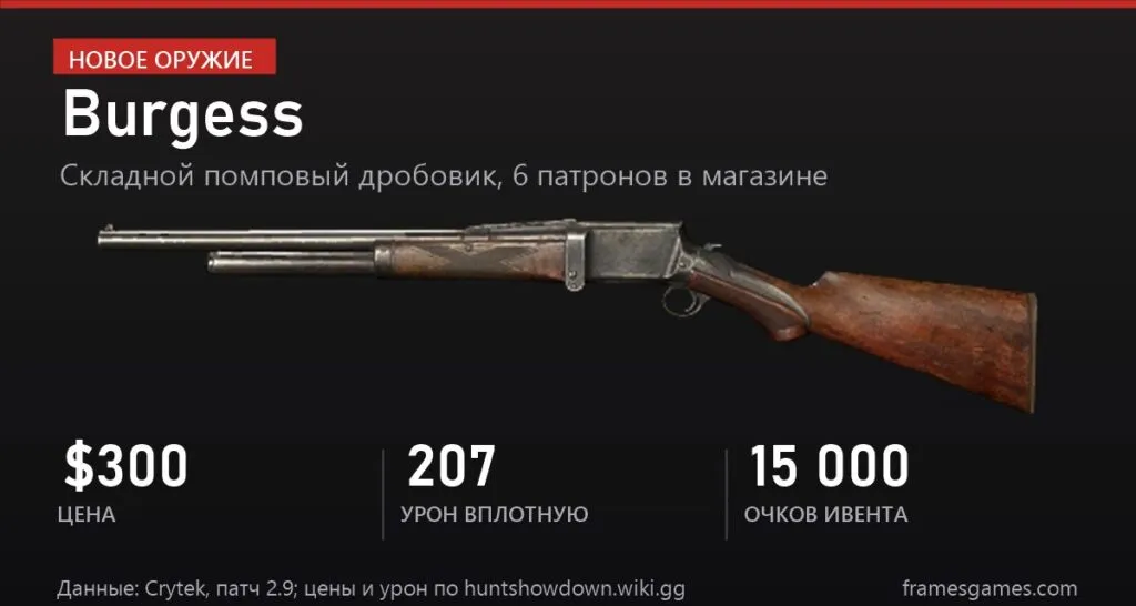 Карточка дробовика Burgess в Hunt: Showdown 1896: цена 300 долларов, урон 207, открывается за 15 000 очков ивента