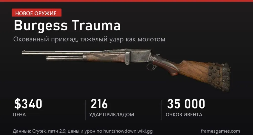 Карточка Burgess Trauma в Hunt: Showdown 1896: цена 340 долларов, тяжёлый удар прикладом 216, открывается за 35 000 очков