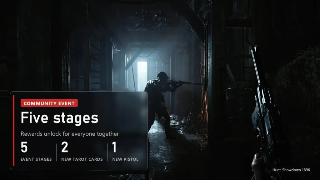 A hunter with a rifle in a dark corridor in Hunt: Showdown 1896 with a plate about the five event stages