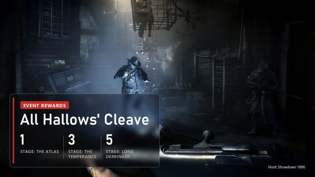 A hunter in a dark house with a blue glow in Hunt: Showdown 1896 with a plate of All Hallows' Cleave stages
