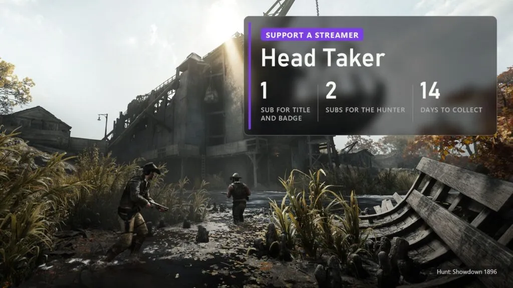 Two hunters at a ruined shipyard in Hunt: Showdown 1896 with a plate about the Head Taker reward for two subscriptions