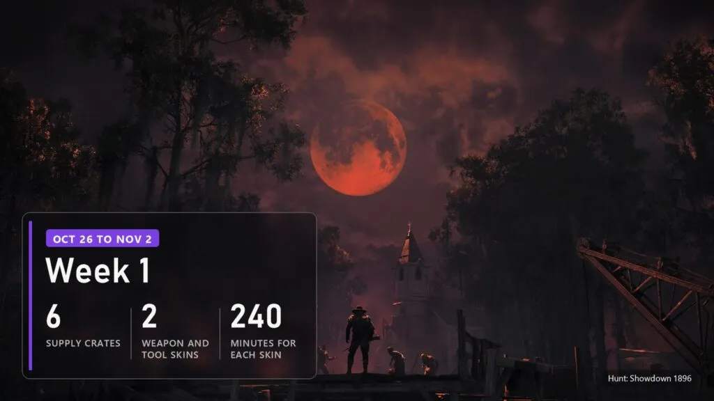 Blood moon over the bayou in Hunt: Showdown 1896 with a plate on week 1 of Twitch Drops: 6 crates and 2 skins
