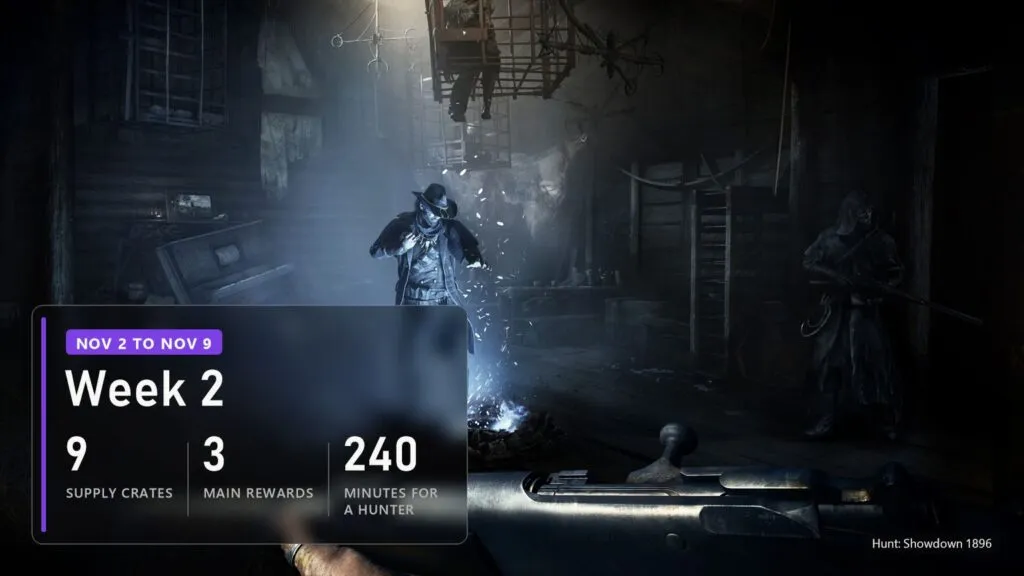 Hunter in Dark Sight inside a house in Hunt: Showdown 1896 with a plate on week 2 of Twitch Drops: 9 crates and a hunter
