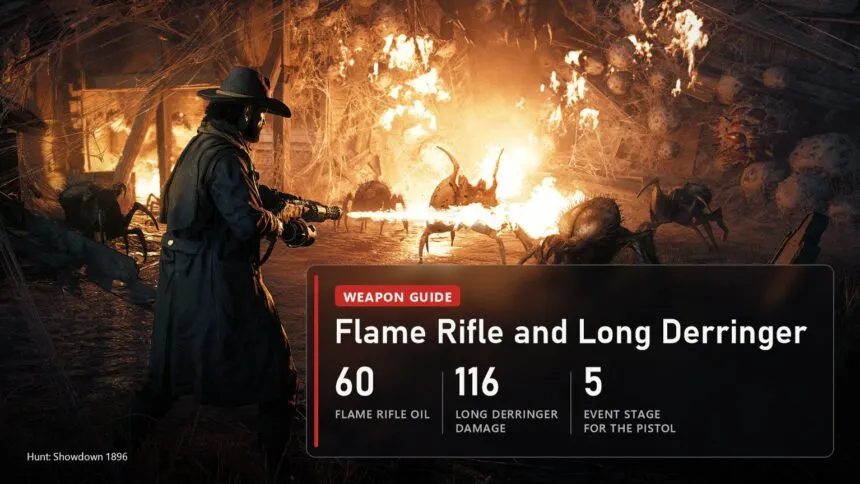 A hunter burning Bileweaver spiders with the Flame Rifle in Hunt: Showdown 1896, guide cover