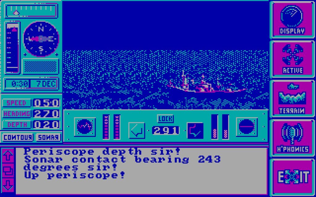 Periscoopbeeld van een vijandelijk schip in turquoise en roze CGA-kleuren, eronder een koerspaneel en de regel Periscope depth sir