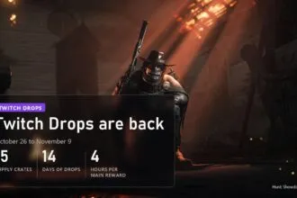 Hunter kneeling in a burning building in Hunt: Showdown 1896 with a plate about Twitch Drops from 26 October to 9 November
