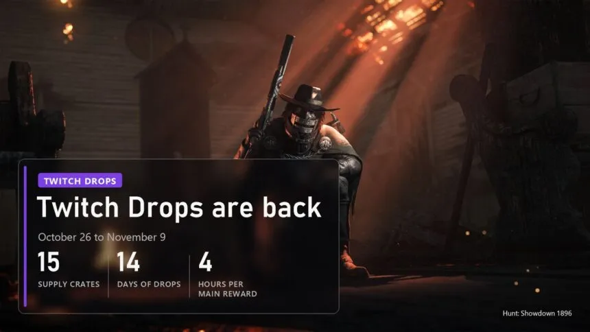 Hunter kneeling in a burning building in Hunt: Showdown 1896 with a plate about Twitch Drops from 26 October to 9 November
