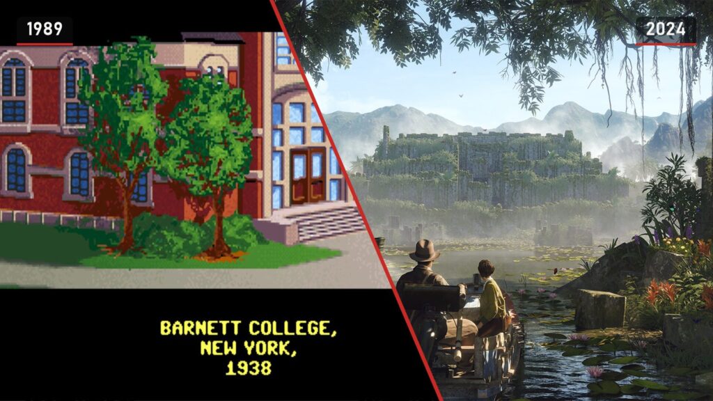 Links Barnett College in het avonturenspel Indiana Jones and the Last Crusade uit 1989, rechts Indy in een boot op weg naar ruïnes in de jungle in Indiana Jones and the Great Circle uit 2024