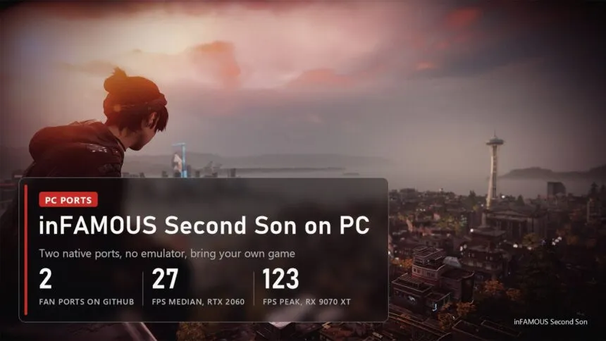 inFAMOUS Second Son, Delsin sitting on a rooftop above Seattle, cover: two fan ports on PC, 27 FPS median on RTX 2060, 123 FPS peak on RX 9070 XT