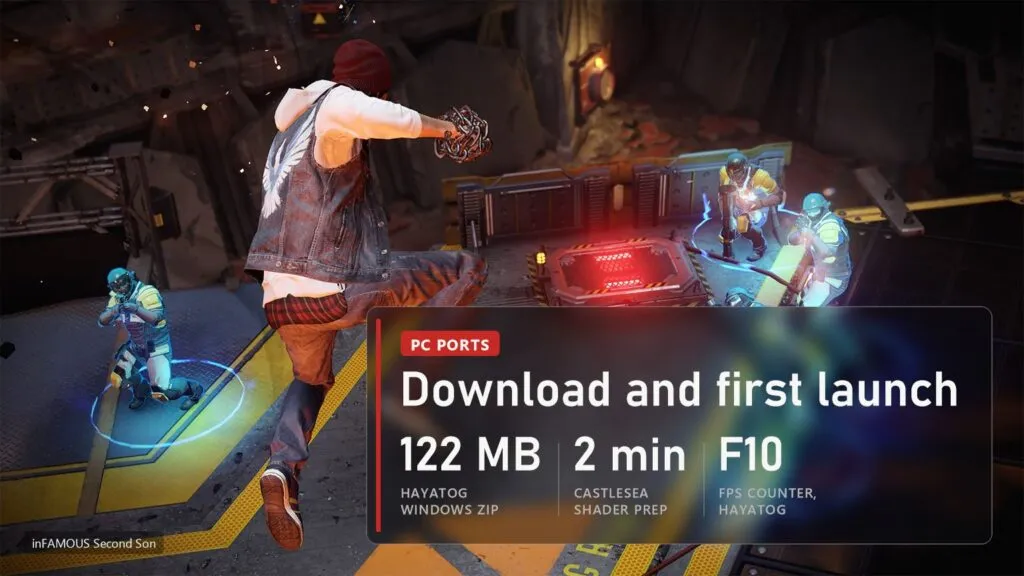 inFAMOUS Second Son, Delsin dashing through a checkpoint with neon effects, panel: HayatoG Windows zip 122 MB, Castlesea prepares shaders for 2 minutes, F10 shows FPS