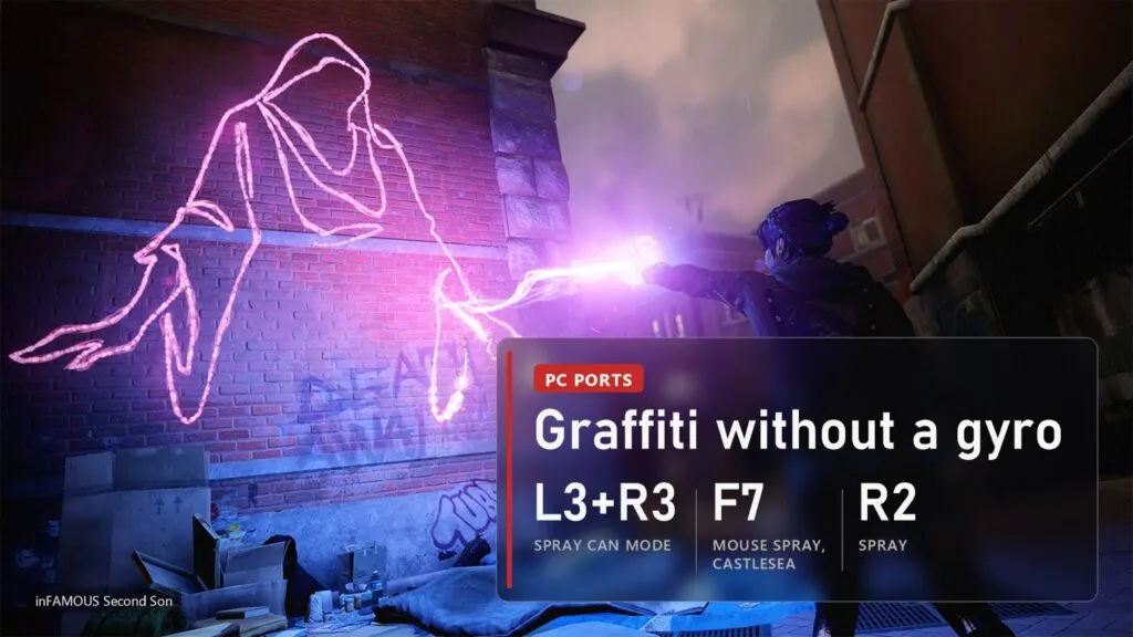 inFAMOUS Second Son, Delsin spraying neon graffiti on a brick wall, panel: L3+R3 spray can mode, F7 mouse spray in Castlesea, R2 to spray