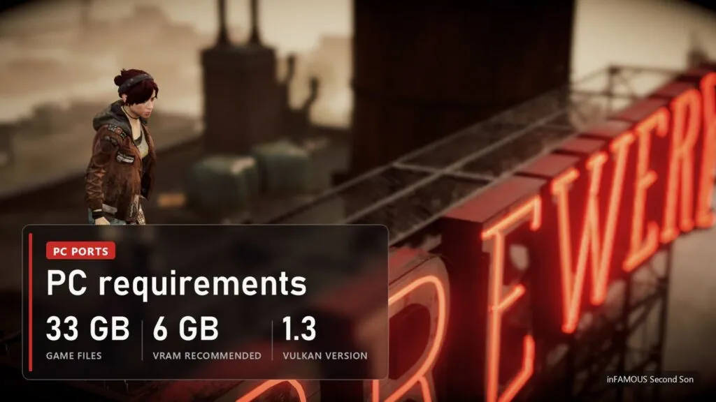 inFAMOUS Second Son, Fetch on a rooftop next to a neon brewery sign, panel: game files 33 GB, 6 GB of VRAM recommended, Vulkan 1.3