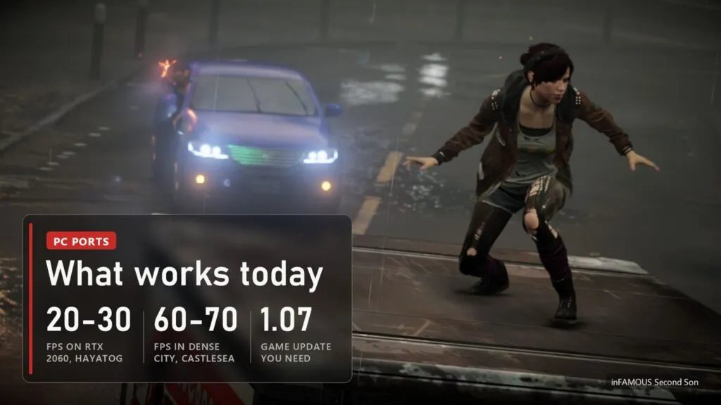 inFAMOUS Second Son, Fetch standing on a car roof in rainy Seattle, panel: 20-30 FPS on RTX 2060 with HayatoG, 60-70 FPS in the dense city with Castlesea, game update 1.07 required