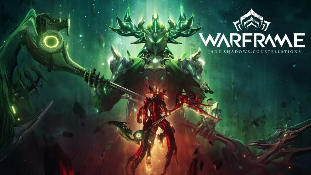 Update key art: green and red warriors clash under the Warframe Jade Shadows Constellations logo