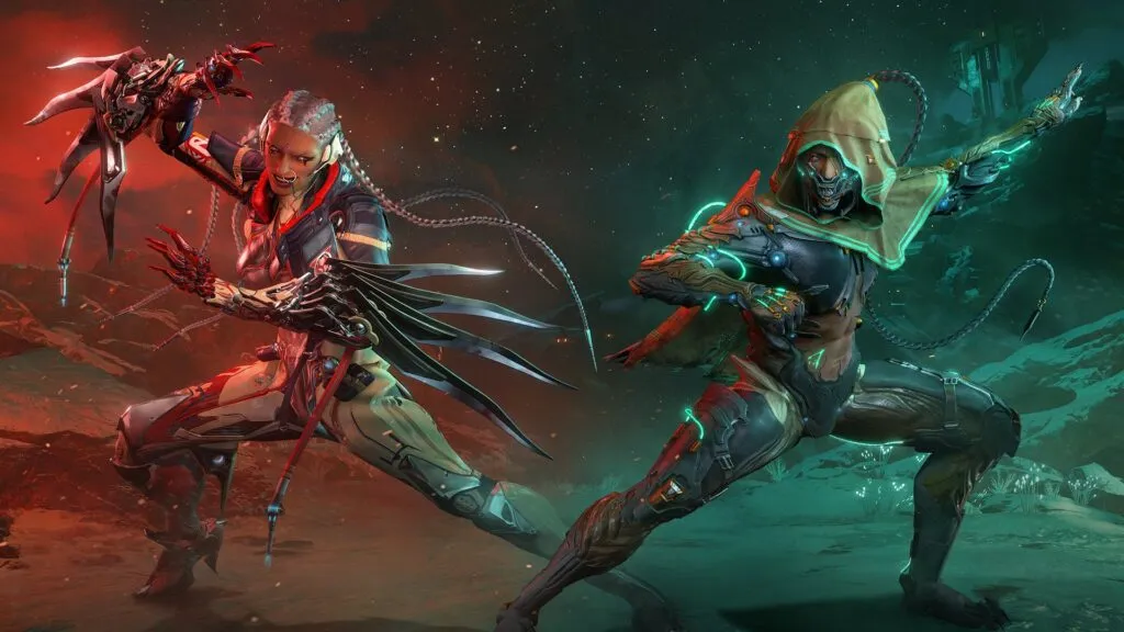 A red clawed figure attacks a figure in a green hood in a quest scene
