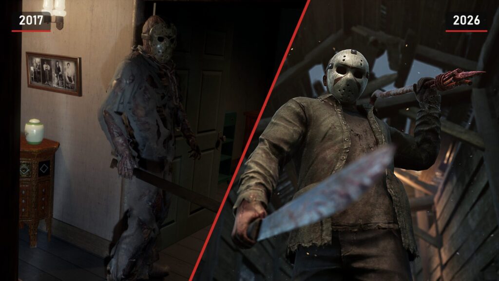 Left, Jason with a machete in a cabin doorway in Friday the 13th: The Game from 2017; right, Jason in Dead by Daylight from 2026 with a machete and a hook on his shoulder
