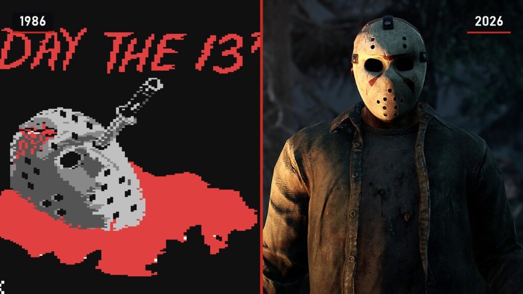 Left, a pixel hockey mask with a knife in it on the Commodore 64 title screen of Friday the 13th; right, Jason Voorhees in his mask and jacket in Dead by Daylight