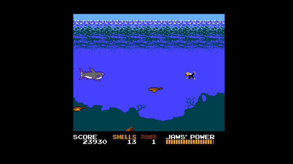 Een haai zwemt onder water in de pixelgame JAWS voor de NES