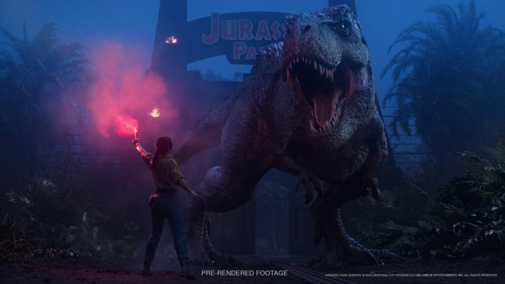 Een vrouw met een rode fakkel voor een T. rex bij de poort van het park, 's nachts