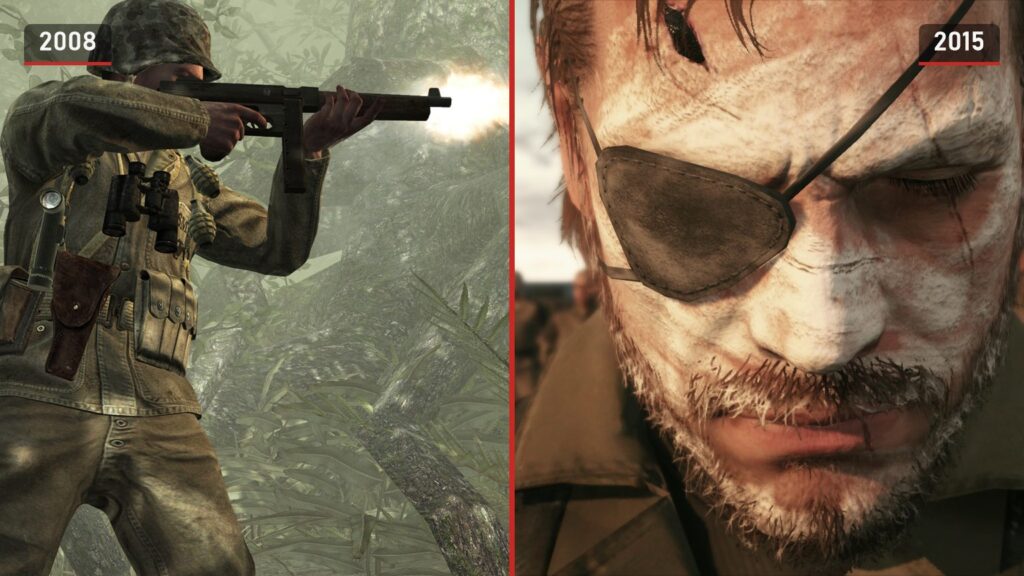 Links een marinier die schiet in de jungle in Call of Duty: World at War uit 2008, rechts het gezicht van Venom Snake in Metal Gear Solid V uit 2015