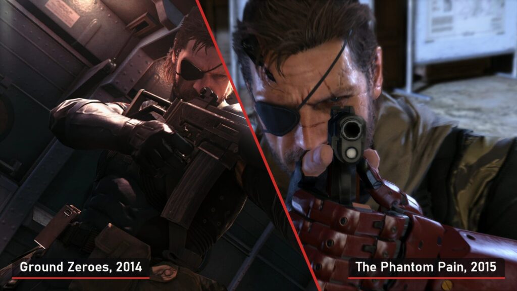 Links Big Boss met een geweer in Ground Zeroes, rechts Venom Snake met een pistool en zijn prothese in The Phantom Pain
