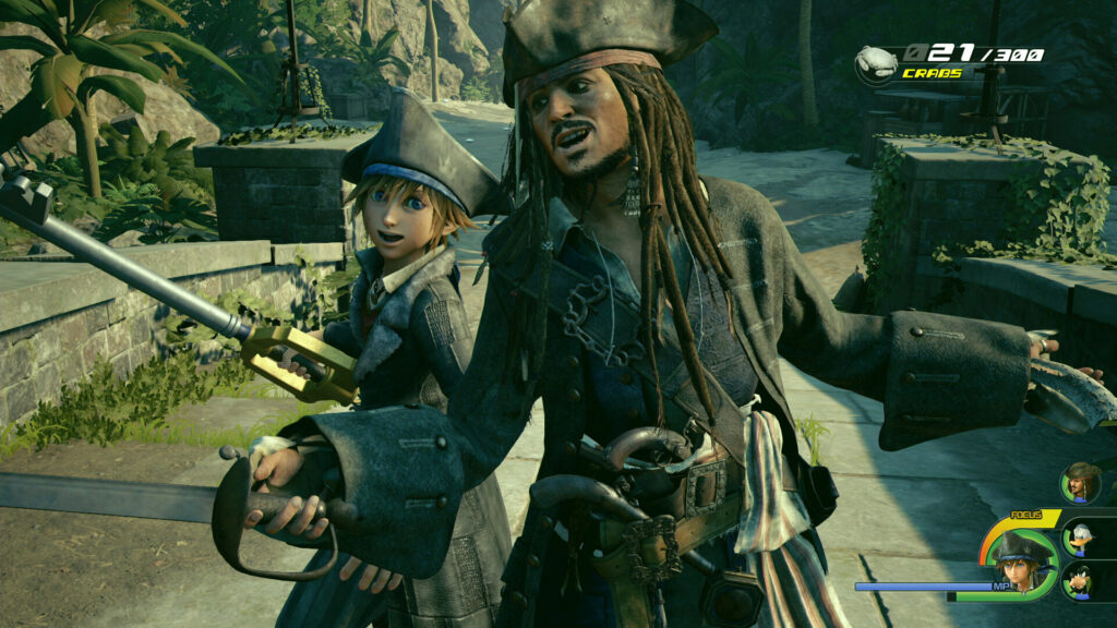 Sora met piratenhoed naast Jack Sparrow in de jungle, uit Kingdom Hearts III