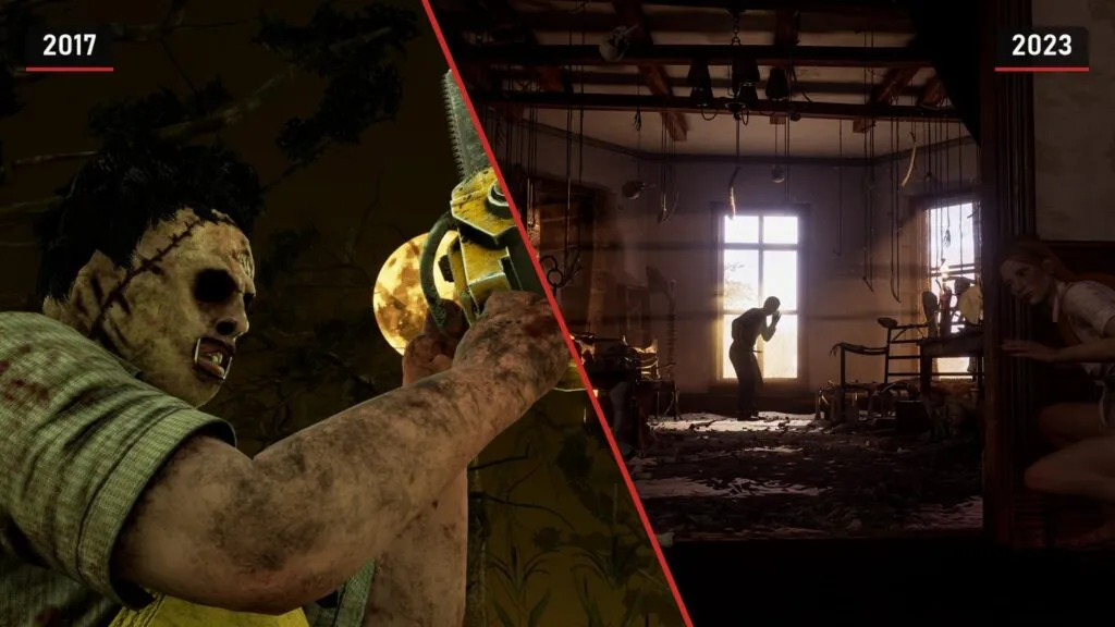 Слева Кожаное лицо из Dead by Daylight с бензопилой крупным планом, справа силуэт Кожаного лица в окне разгромленного дома семьи из игры 2023 года