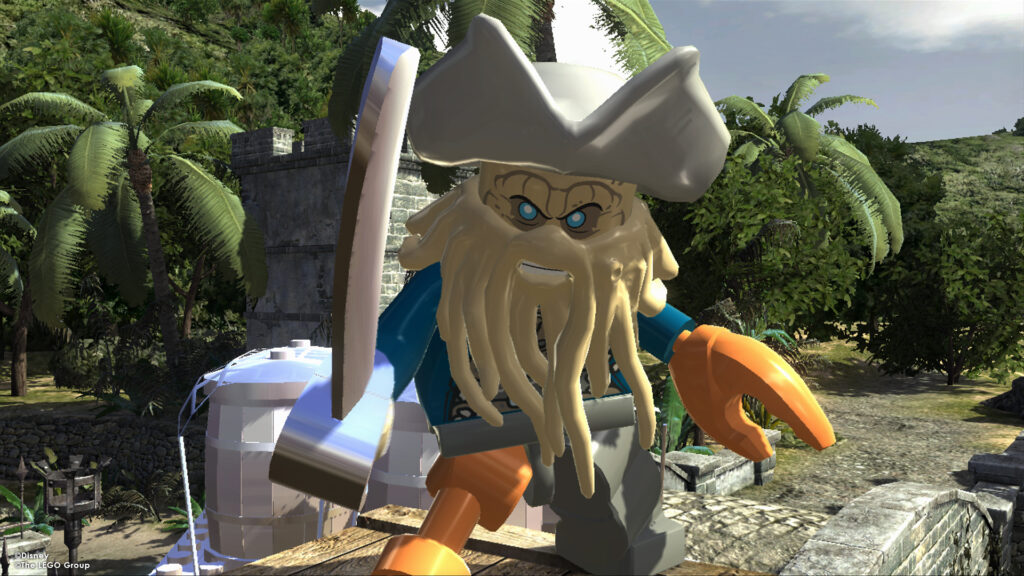 Een LEGO-poppetje van Davy Jones met klauw en tentakelbaard voor palmbomen, uit LEGO Pirates of the Caribbean