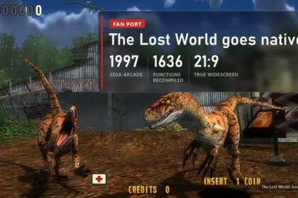Two raptors by a hangar in The Lost World: Jurassic Park PC port with a plate: 1997 Sega arcade, 1,636 functions recompiled to C++, true 21:9