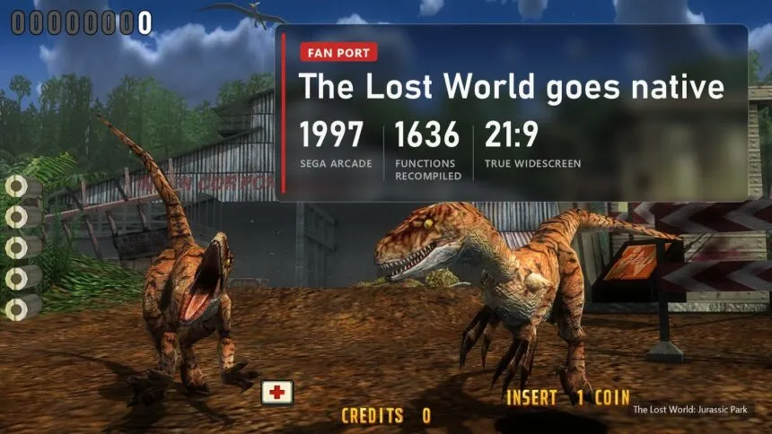 Two raptors by a hangar in The Lost World: Jurassic Park PC port with a plate: 1997 Sega arcade, 1,636 functions recompiled to C++, true 21:9