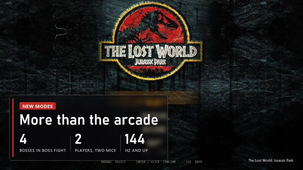 Main menu of The Lost World: Jurassic Park PC port with a plate: 4 bosses in Boss Fight mode, 2 players on two mice, output at 144 Hz and up