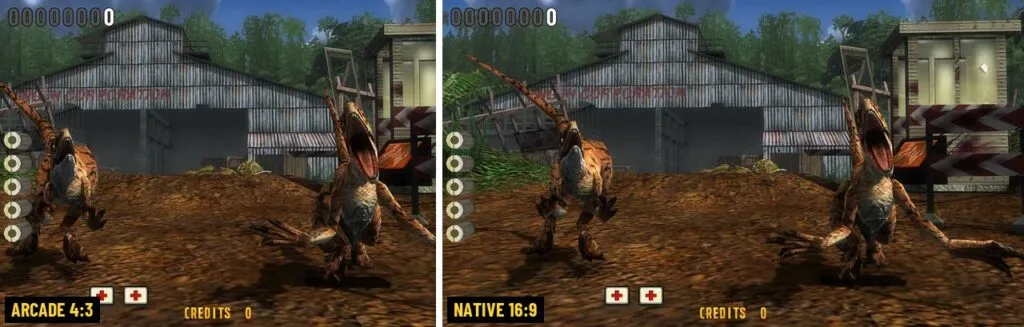 Two frames of The Lost World: Jurassic Park side by side: the 4:3 arcade original on the left, the port's native 16:9 on the right showing more of the jungle