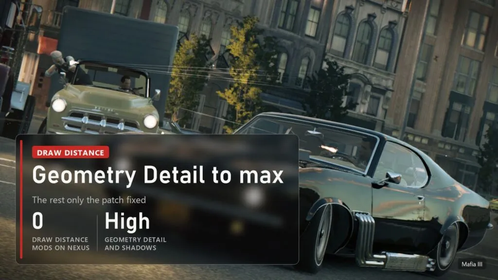 Car chase shootout between a truck and a muscle car on a Mafia III street