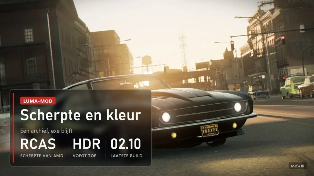 Muscle car bij zonsondergang in een straat van New Bordeaux in Mafia III