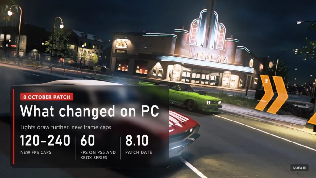 New Bordeaux street at night with a cinema and cars in Mafia III