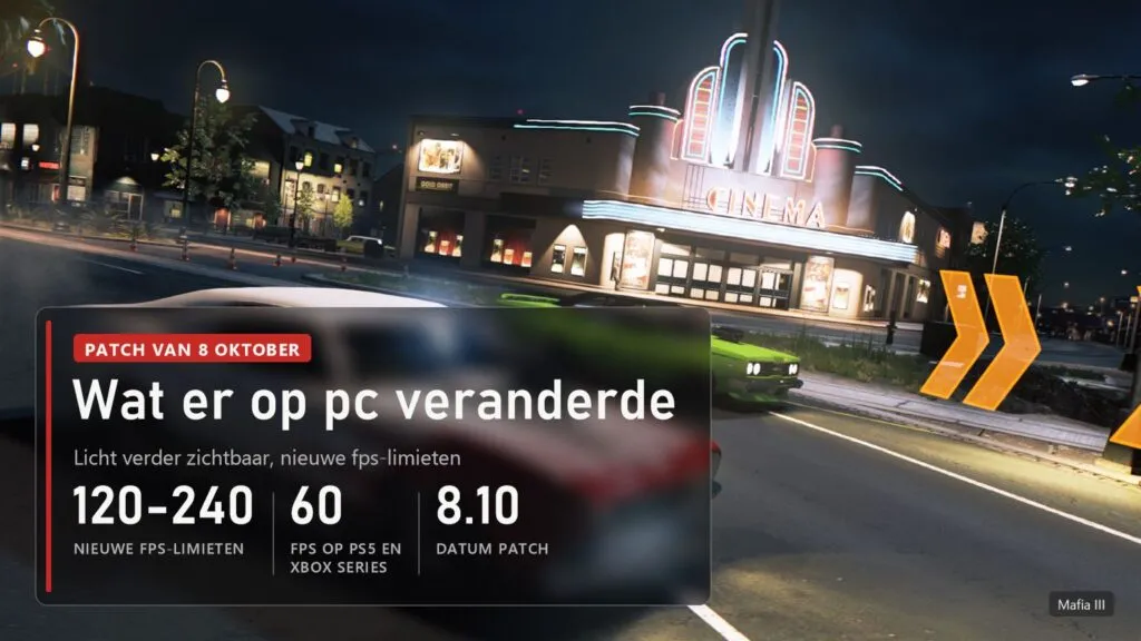 Straat in New Bordeaux bij nacht met een bioscoop en auto's in Mafia III