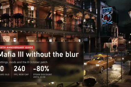 New Bordeaux night street with taxis in Mafia III and the 10th anniversary guide plate