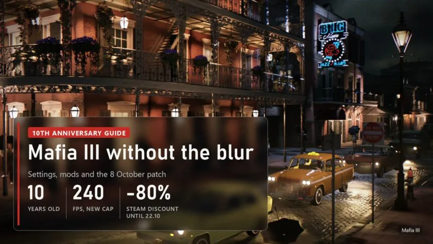 New Bordeaux night street with taxis in Mafia III and the 10th anniversary guide plate