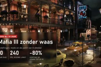 Nachtelijke straat in New Bordeaux met taxi's in Mafia III en het label van de jubileumgids